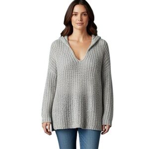 Miracle Gray V Neck Long Sleeve Open Knit Lightweight Sweater